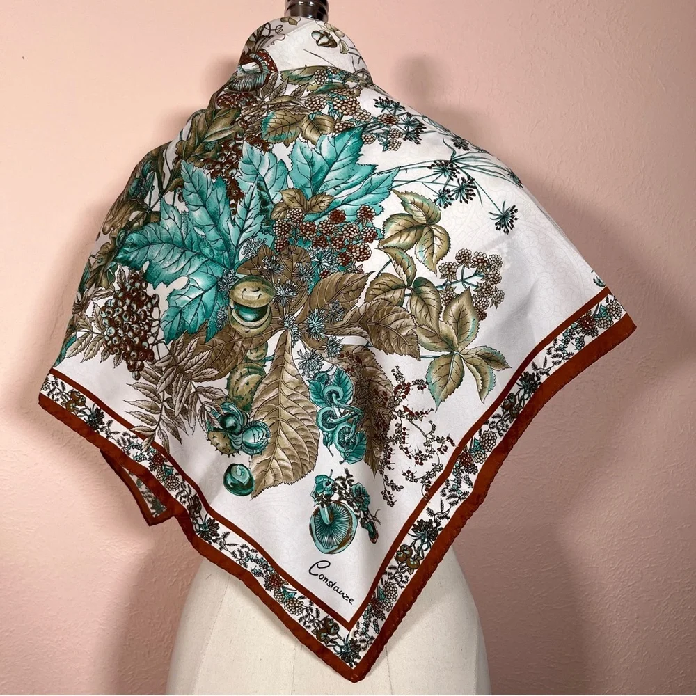 Vintage MCM Constanze  Fairycore Floral Mushroom Rust Aqua Jacquard silk Scarf